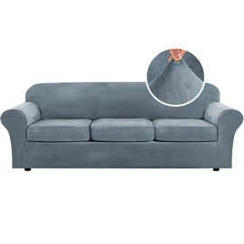 H.VERSAILTEX Velvet 4 Piece High Stretch Sofa Slipcover Cover Furniture Protector Form Fit Luxury Thick Velvet Extra Large Sofa Cover for 3 Cushion Couch Width Up to 105 Inch(XL Sofa, Stone Blue)