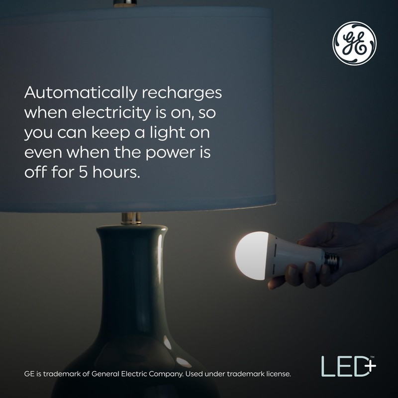 GE LED+ Backup Battery LED Light Bulbs, A21 Rechargeable Light