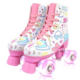 YYW Roller Skates for Girls and Women, Cute White PU Leather Light Up Kids Youth Girls Indoor Outdoor Roller Skates Ages 6-12 (White,34-Youth 3)