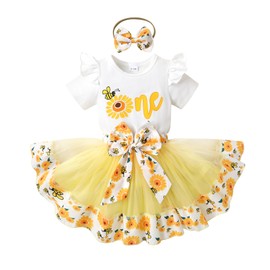 Newborn Baby Girls My 1st Birthday Dress Infant Shiny Printed Sequin Bowknot Tutu Princess Dress(Bee one and Sunflower,12-18 Months)
