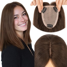 Elailite Human Hair Toppers for Women Real Human Hair Thinning Thin 9 * 12CM Silk Base Clip in Remy Hairpieces Hand-Tied 16 Inch Dark Brown