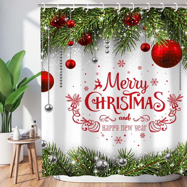 Christmas Shower Curtain Merry Xmas Holiday Backdrop Snowflakes Pine Trees