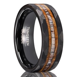 Concept Knight Tungsten Carbide Rings for Men Black Hammered 8mm Inlaid Deer Antler and Barrel Wood Mens Wedding Bands High Polish Matte Brushed (8mm black, 7)