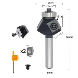 Sinoprotools Reversible Plate Chamfer Milling Cutter with 4-Sided Interchangeable Carbide (HW), Shaft 8 mm, Diameter 27 mm, Usable Length 12 mm, Angle 30°, with Ball Bearing.