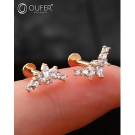 OUFER 14K Solid Gold Cartilage Earring 16G Helix Earring Lip Bar 8mm Conch Jewellery Clear CZ Lip Piercing Internally Threaded Flat Back Earring Tragus Piercing For Women