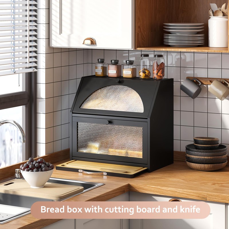 STDDRE Bamboo Bread Box with Cutting Board, Double Layer Extra