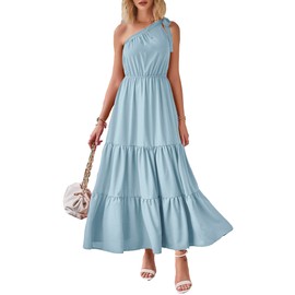 PRETTYGARDEN Women's Summer Floral Maxi Dress Knot One Shoulder Sleeveless Ruffle Flowy Boho Beach Wedding Guest Dresses (Solid Light Blue,Medium)