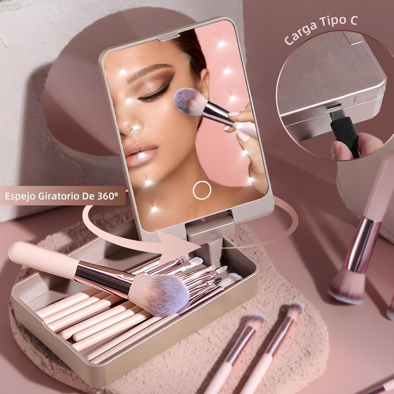Set de Brochas de Maquillaje, 14 Piezas, con Espejo LED