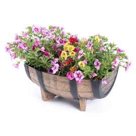 Gardenised V003695 Rustic Wood-Look Plastic Half Barrel Flower Pot Garden Planter, Pack of 2, Black