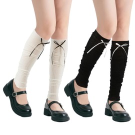 Junely 2 Pairs Leg Warmers for Women Kawaii Leg Warmer Cute Legwarmers with Bows Cutecore Lolita Harajuku Gyaru Japanese Accessories Black White
