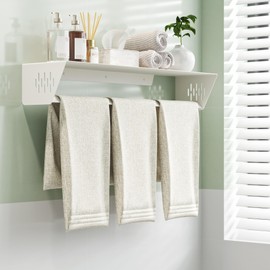 Qeke Bathroom Lavatory Towel Rack, Wall Mount Towel Holder Towel Hanger Shelf with Towel Bar, SUS 304 Stainless Steel Towel Rack for Bathroom and Lavatory, Matte White, 24 Inch