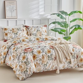 Lekesky Double Duvet Cover Set Floral Bedding - Large Flowers Print White Double Duvet Set (1x Quilt Cover, 2x Pillowcases) Soft Microfiber White Floral Bedding 200x200 cm