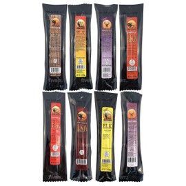 Exotic Jerky Snack Sticks and Kippered Jerky Strips Variety Pack - Venison, Elk, Bison - 8 pieces - Gluten Free, NO MSG
