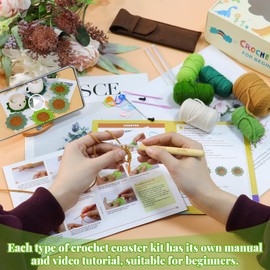 LOMOHOO Crochet Kit for Beginners, 6PCS Crochet Coasters Kit, Flower Potted Plant Crochet Kit with Crochet Hook, Colorful Yarn, Stitch Marker, Instruction, Craft Lover DIY Material Tools(Green)