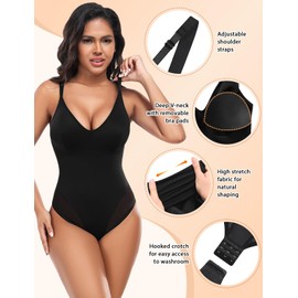 UMIPUBO Womens Shapewear Bodysuit Tummy Control Full Body Shaper Sculpting V Neck Bodysuit Adjustable Straps Shaping Leotard Tops Waist Trainer Vest with Bra (Black, M)
