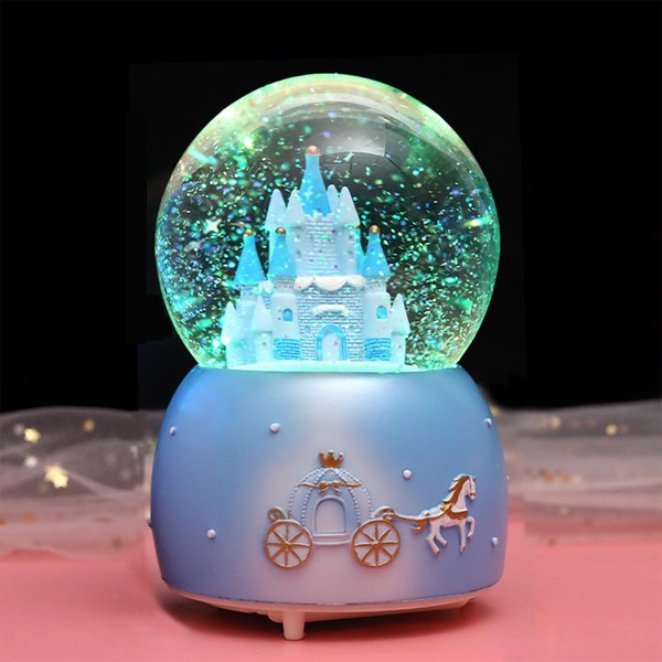 Light Up Musical Snow Globe Rotating Crystal Ball Music Box Automatic Snowfall and Colorful Lights Castle Snow Globe Desktop Ornament Christmas New Year Birthday Gift for Kids Girls Children Adults