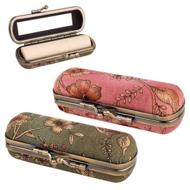 Framendino, 2 Pack Lipstick Case with Mirror Vintage Storage Kiss Lock Mini Holder Container for Ladies Make Up Jewelry