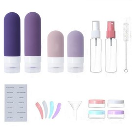 Juego de 17 Botellas de Viaje Silicona, Juego de Botes Viaje Rellenables, Kit Viaje Avion Botellas Viaje para Champú, Loción,con Etiqueta (Morado)