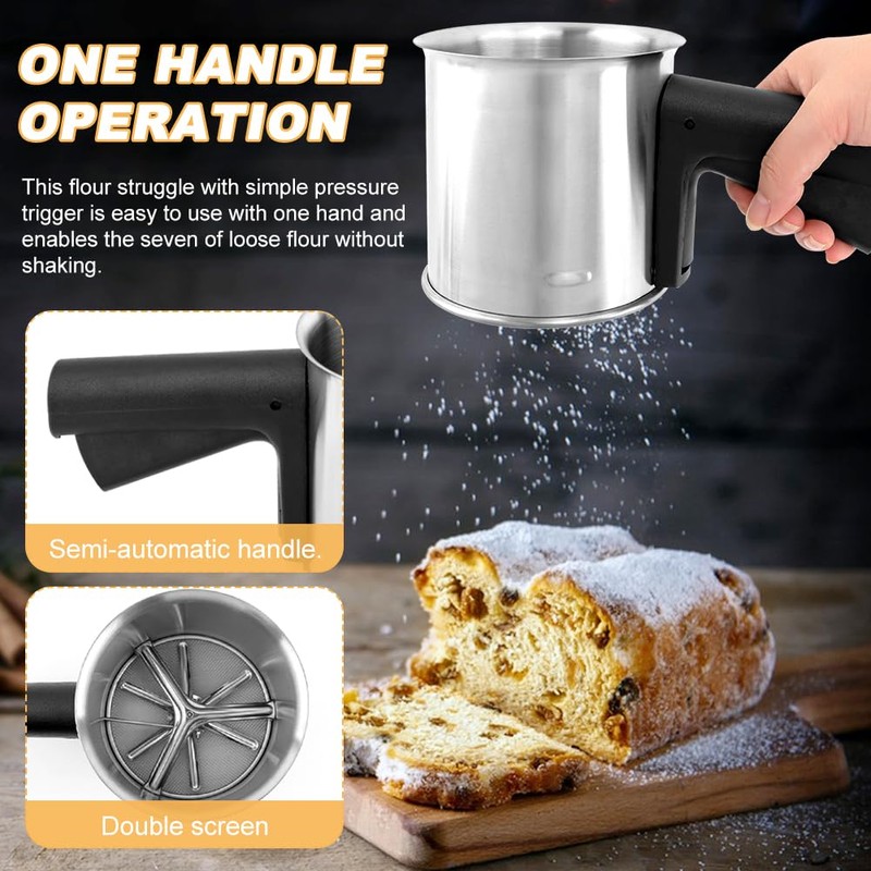 Kitchen Flour Sifter for Baking, 3 Cup Stainless Steel Flour