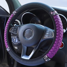 Bling Soft Leather Steering Wheel Cover 15 Inch with Sparkly Diamond Rhinestones for Women and Girls – Elastic Car Accessory for Most Cars (Purple)
