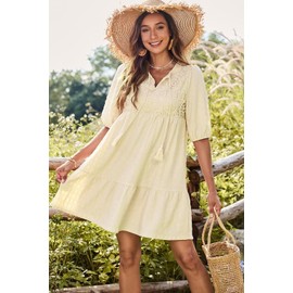 Dokotoo Womens Dresses Summer V Neck Drawstring Embroidered Half Sleeve Boho Dresses for Women Resort Wear for Women 2025 Party Swing Mini Dress Sundresses Vacaction Outfits Beige Large
