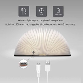 YUANJ LED Buchlampe, Hölzerne Buch Lampe, USB Aufladbare Buchlampen, Aurora Lampe Buch 360° Faltbar, Dekorative Lampen/Nachtlicht, Kreatives Geschenk für Frauen/Eltern/Kinder(2500mAh/warmweiß Licht)