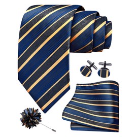 GUSLESON Mens Gold Tie for Wedding Navy Striped Silk Necktie Pocket Square Cufflinks and Lapel Pin Brooch Set (6108-15)