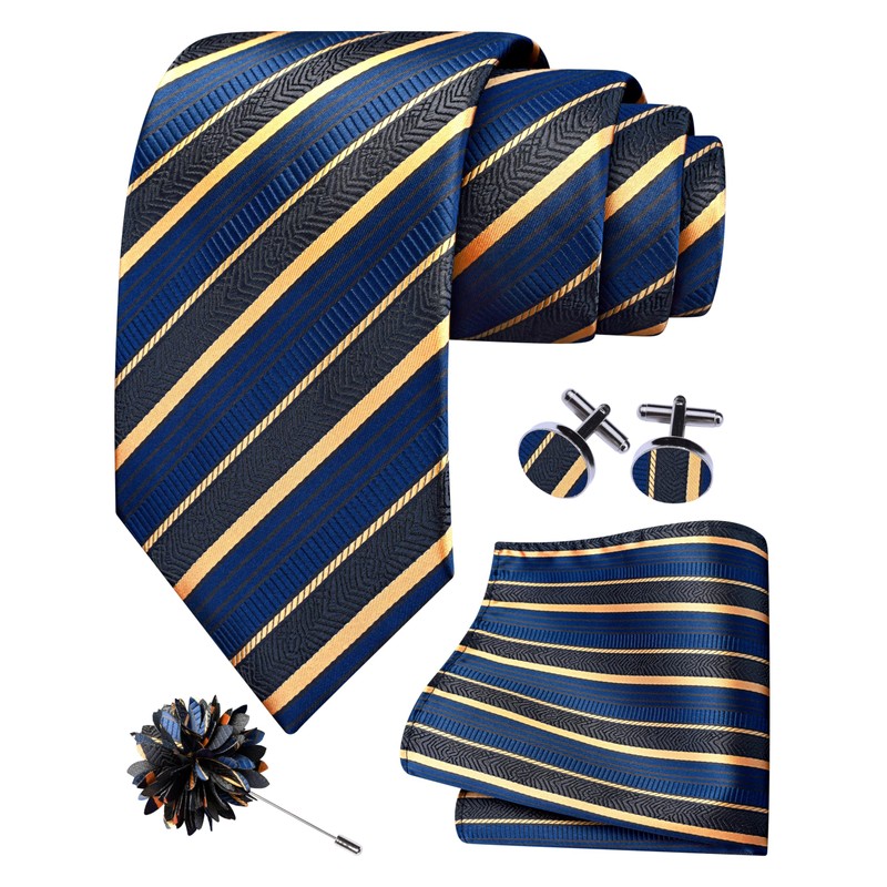 GUSLESON Mens Gold Tie for Wedding Navy Striped Silk Necktie