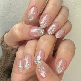 Short Almond Press on Nails Light Pink Fake Nails with Silver Glitter Designs Full Cover Nails Press ons White Stars Acrylic Nails Simple Stick on Nails for Women 24 Pcs