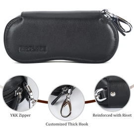 Polare Napa Leather Glasses Case Safety YKK Zipper Sunglasses Case Portable Travel Eyeglasses Case Holder with Metal Carabiner Hook (Black)