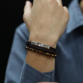 Men's Tiger Eye Beaded Bracelet - Braided Leather with Black/Silver Stainless Steel Clasp - 8.3 Inch Religious Jewelry Gift (Silver)