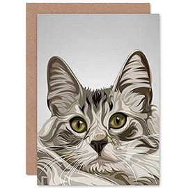Fine Art Prints Cat Illustration Grey Greeting Card With Envelope Inside Premium Quality