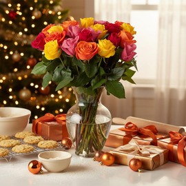 Benchmark Bouquets - 24 Stem Premium Rainbow Roses (Glass Vase Included) - Fresh Flowers for Next Day Delivery - Gift for Birthday, Anniversary, Get Well, Sympathy, Congratulations