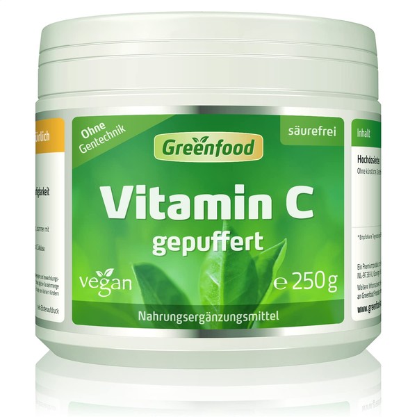 Vitamin C Stomach Friendly, 250 g Powder, Buffered with Calcium, Vegan - For Immune System, Beautiful Skin, Healthy Joints and Stable Bones GMO free. No artificial additives. Without acid. 250.0