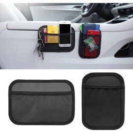 2 bolsillos de red de almacenamiento para coche, pequeño + grande, organizador multifuncional para llaves, tarjetas y teléfono, bolsillo lateral de malla con autoadhesivo, accesorio de
