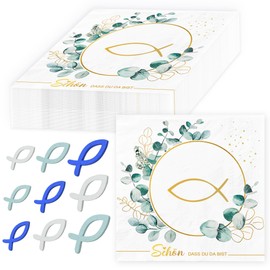SUPJADE Christening Decorative Napkins Christening Communion - Pack of 40 Napkins Fish 63 Pieces Wooden Fish Decoration Napkins Green Eucalyptus Table Decoration for Communion Confirmation 33 x 33 cm