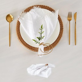 WAITER TREE Cloth Napkins 6pcs White Soft Pure Cotton with Fringed Breathable Square 48 x 48 cm Rustic Handcrafted Napkins for Dinners Parties Weddings