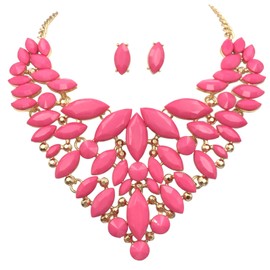 Gypsy Jewels Unique Cluster Bib Statement Boutique Style Gold Tone Necklace & Earrings Set - Assorted Colors (Dark Pink)