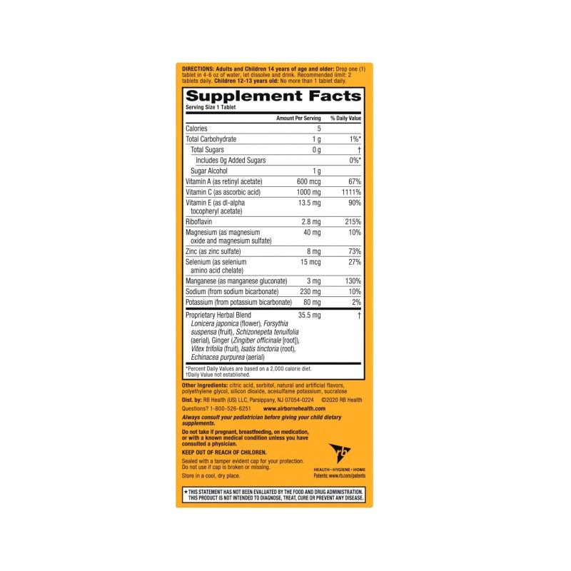 Airborne Vitamin C 1000mg (per serving) - Airborne Zesty Orange