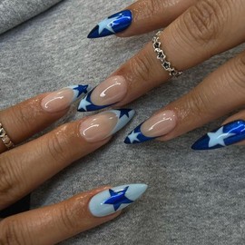 Press on Nails Medium Almond MABKJLF French Tip Fake Nails Blue Full Cover Y2K Press on Nails Star False Nails with Designs Glossy Glue on Nails Manicure Acrylic Nails for Women Girls 24Pcs