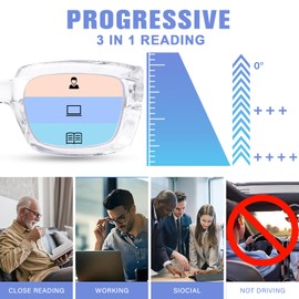 YUKANG Progressive Multifocus Reading Glasses for Women Men Anti Blue Light Blocking Square Computer Readers Spring Hinge Clear 2.5