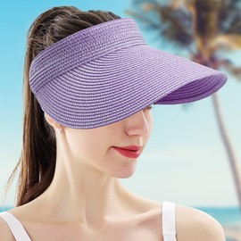 MK MATT KEELY Women's Foldable Straw Sun Hat Visor Cap Plain Summer Beach Hat with Wide Brim, purple