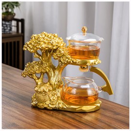 Lazy Kungfu Magnetic Tea Pot, Semi Automatic Glass Teapot, Lazy Kungfu Drip Teapot, Magnetic Attraction Water Rotating Cover Bowl Suitable for Home/Office Reception Tea Set