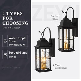 zeyu 17.2 Inch Exterior Black Light Fixture, 2-Light Outside Wall Light for House, Die-Cast Aluminum with Water Ripple Glass, Black and Gold Finish, 20071B2 BK+BG-WP