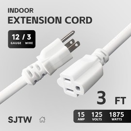 GreenProsper 12 Gauge Indoor Heavy Duty White Extension Cord 3 FT, 12 AWG SJTW Electrical Cable, Weather-Resistant Power Cord, Great for Garden, Offices and Lawns