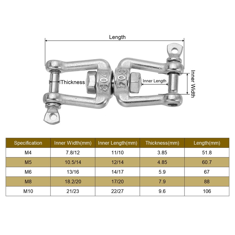 sourcing map Heavy Duty M5 Double Swivel Eye Hook, 304