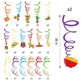 Qpout 30 Pieces Mexican Hanging Swirl Decoration, Day of the Dead Swirls Decoration Set Dia de los Muertos Decoration Spiral Decoration Cactus, Hat, Bottle, Pepper, Skull Spiral Decoration