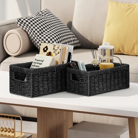 Vagusicc Wicker Storage Basket, Set of 2 Hand-Woven Paper Rope Wicker Baskets for Organizing Decor Storage Bins for Counter Shelves Pantry Basket Small Toilet Paper Basket for Toilet Tank Top, Black