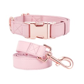 Dog Collar and Leash Set.Soft and Easy to Clean Vegan Leather with Rose Gold Metal Buckle for Small Medium Large Dogs (Pink, M(13.8"-19.7"))