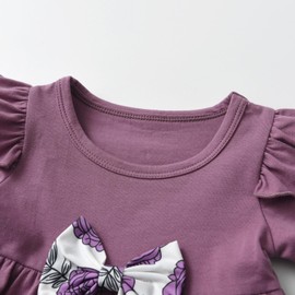 Zoputey Infant Baby Girl Clothes Ruffle Tops with Bow Short Sleeve Floral Pants Outfit Set, Purple, 6-9 Months